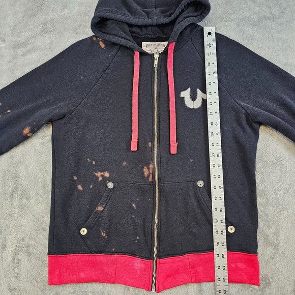 True Religion Jacket Women's Large Black Red Bleach Splatter Distressed Logo - Picture 10 of 15